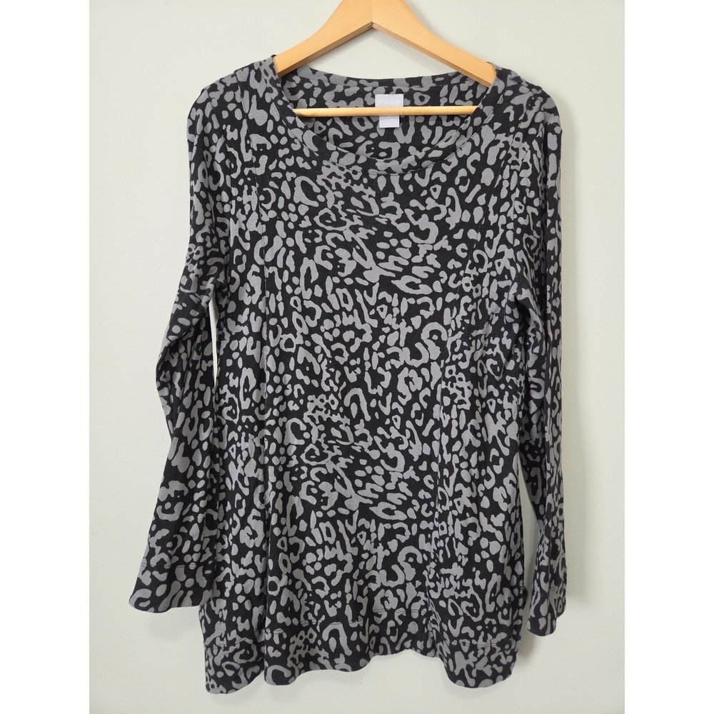 Chico's Grey Black Leopard Animal Print Pima Cotton Long Sleeve Top Size 1 M